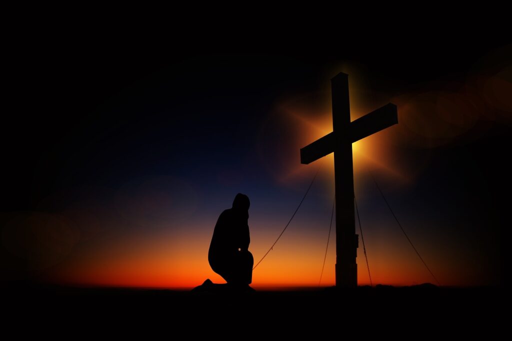 cross, sunset, humility, devotion, silhouette, human, kneeling, knee, pray, worships, prayer, faith, religion, church, symbol, nature, clouds, heaven, christian, crucifixion, quiet, immersion, jesus christ, meditation, jesus, christ, christianity, black, figure